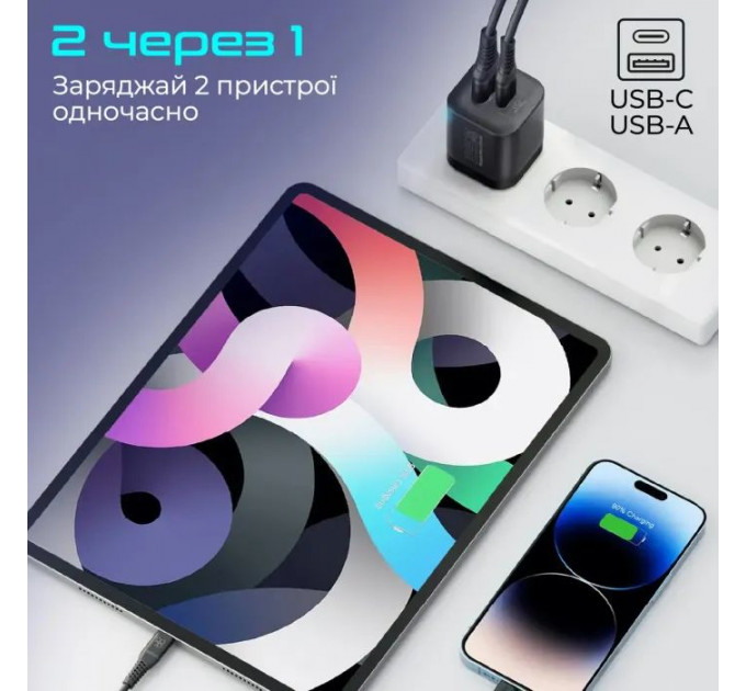 Зарядний пристрій Promate USB-C + USB-A (powerport-25ac.black)