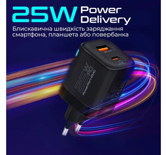 Зарядний пристрій Promate USB-C + USB-A (powerport-25ac.black)