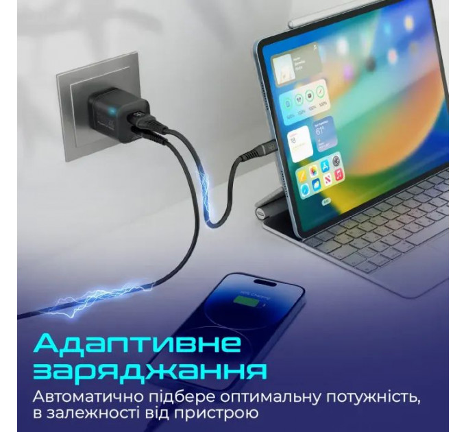Зарядний пристрій Promate USB-C + USB-A (powerport-25ac.black)