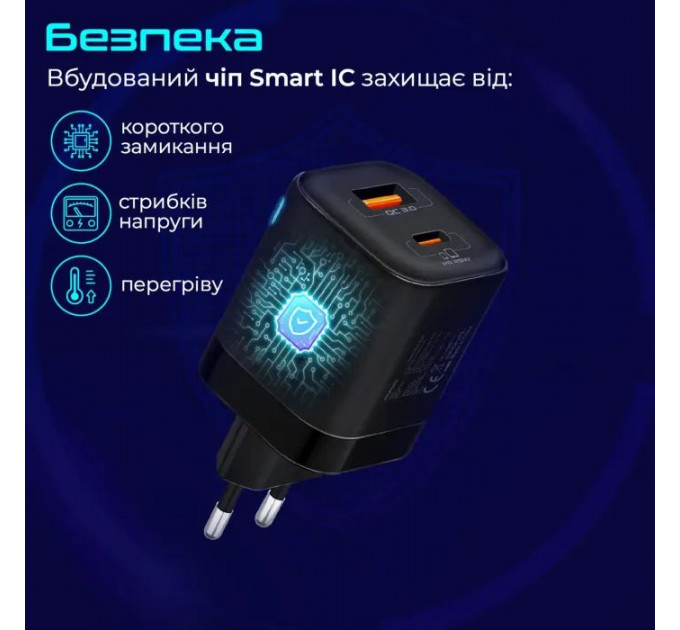 Зарядний пристрій Promate USB-C + USB-A (powerport-25ac.black)