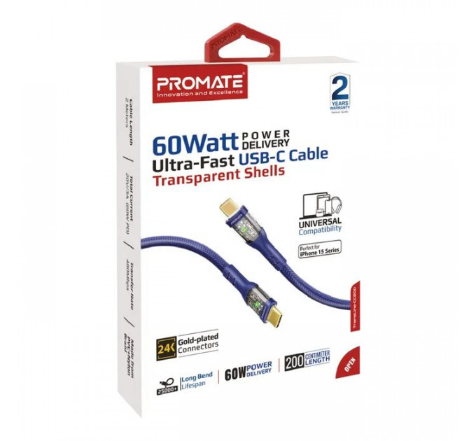 Дата кабель USB-C to USB-C 2.0m Promate (transline-cc200.navy)