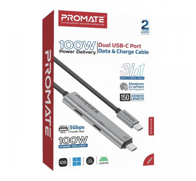 Дата кабель USB-C to USB-C 1.5m Promate (portlink-c3.black)