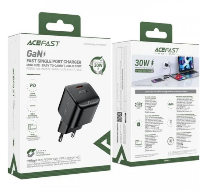 Зарядний пристрій Acefast USB-C 30W Gan A77 mini Fast Charger Black (6974316282662)