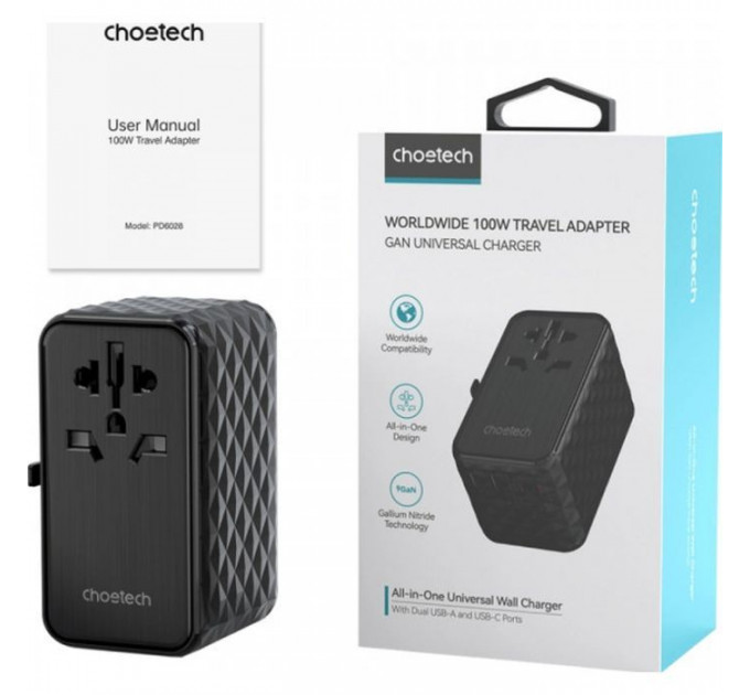 Зарядний пристрій Choetech 4xUSB 100W PD (2хUSB-C+2хUSB-A) сharger diamond model black (PD6028-BK)