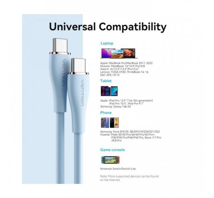 Дата кабель USB-C to 2xUSB-C 1.5m 5.0A Silicone Type Blue VENTION (CTMSG)
