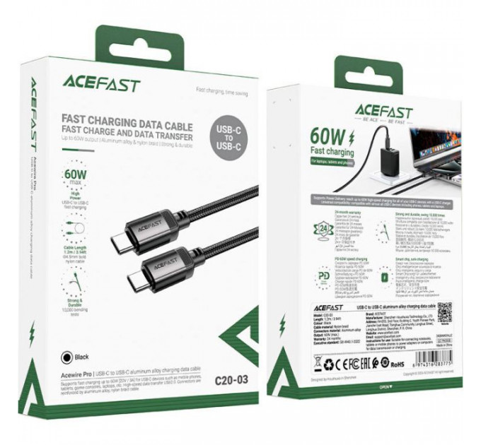 Дата кабеля USB-C to USB-C 1.2m 3A алюминиевый Alloy C20-03 Black Acefast (6974316283775)