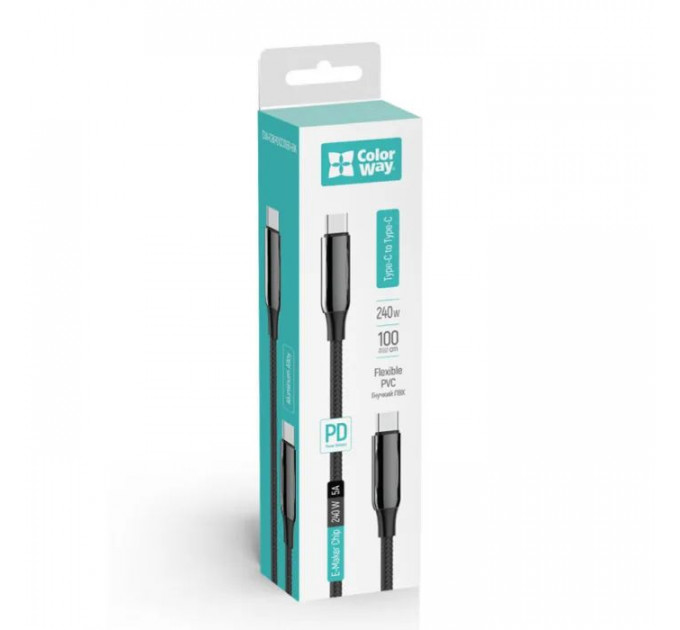 Дата кабеля USB-C to USB-C 1.0m (PVC+Aluminum Alloy) (PD Fast Charging 240W) 5А black ColorWay (CW-CBPDCC069-BK)