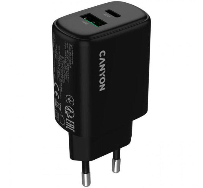 Зарядное устройство для Canyon OnCharge 200 20W 1xPD 1xQC EU Black (CNE-CHA200-31)