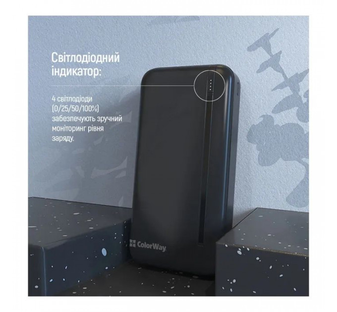 Батарея універсальна ColorWay 20 000 mAh Portable Charger (USB\/QC3.0 + USB-C\/PD\/22.5W) Black (CW-PB200LPB4BK-PD)