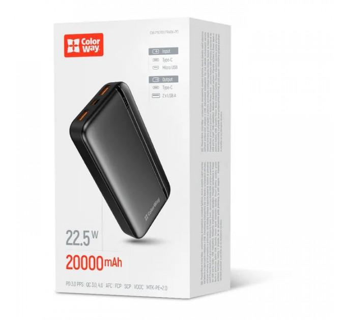 Батарея універсальна ColorWay 20 000 mAh Portable Charger (USB\/QC3.0 + USB-C\/PD\/22.5W) Black (CW-PB200LPB4BK-PD)