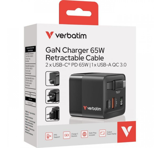 Зарядное устройство для Verbatim GaN 65 W 2 ports (USB-C\/1xUSB-A) (32217)