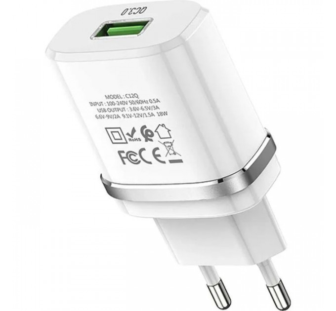 Зарядний пристрій HOCO C12Q Smart USB QC3.0 + cable USB to USB-C 18W White (6931474716309)