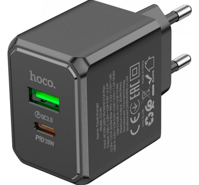Зарядний пристрій HOCO CS14A Ocean 1xUSB-C PD20W + 1xUSB QC3.0 Black (6942007603898)