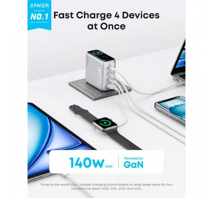 Зарядное устройство Anker Laptop GaN 140W 3xUSB-C PD3.1+USB-A+display+cabel Silver (B2697G41)