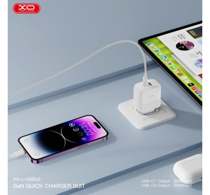 Зарядний пристрій XO L140 35W 2xUSB-C PD White (L140_White)