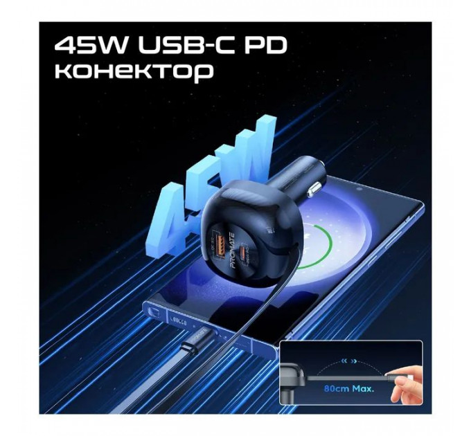 Зарядний пристрій Promate 62W USB-C cable + USB-A\/USB-C ports (powerdrive-rc65)