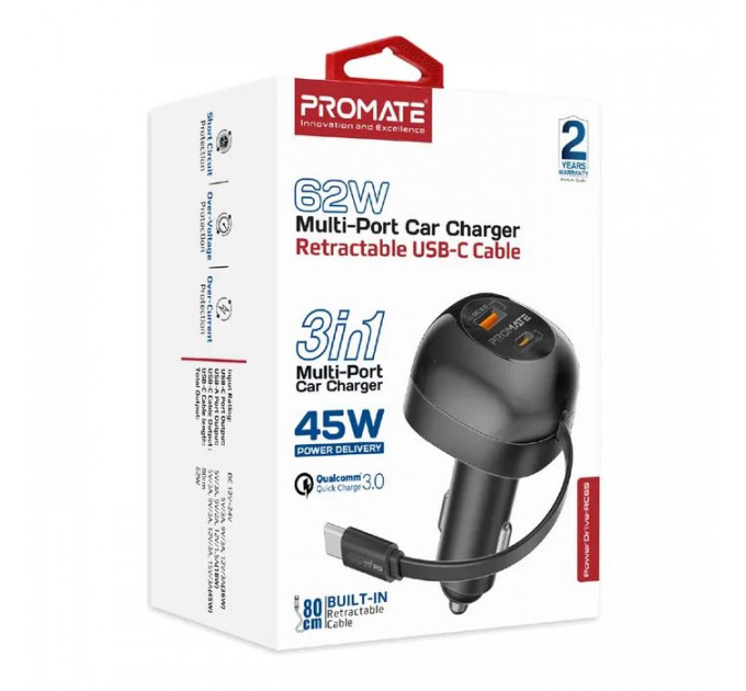 Зарядний пристрій Promate 62W USB-C cable + USB-A\/USB-C ports (powerdrive-rc65)