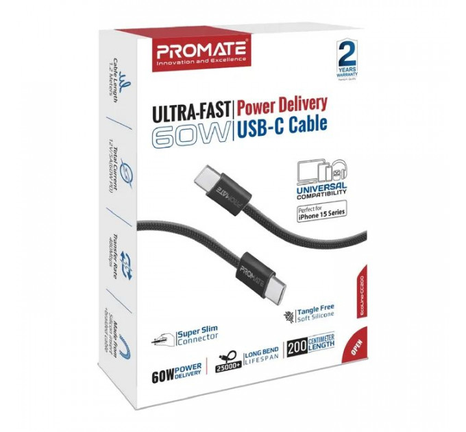 Дата кабеля USB-C to USB-C 2.0m 60W PD EcoLine-CC200 black Promate (ecoline-cc200.black)