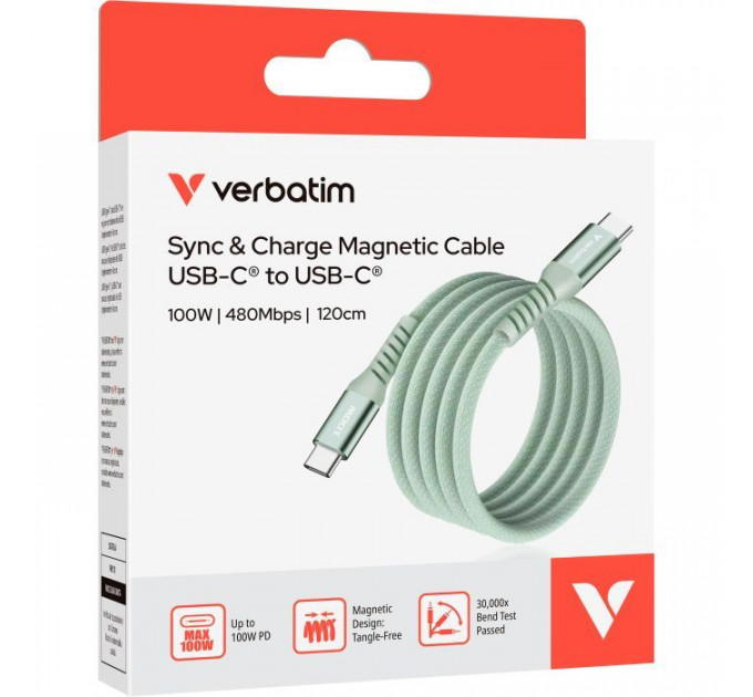Дата кабель USB-C to USB-C 1.2m Magnetic 100W green Verbatim (31855)