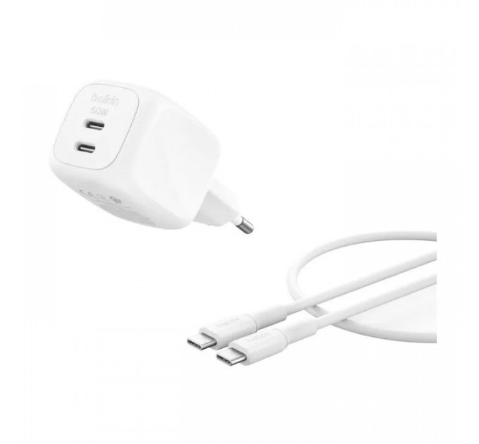 Зарядное устройство для Belkin 2xUSB-C PD50W GaN PPS + cable USB-C to USB-C 1.0m white (WCH019KQ1MWH-B6) Зарядное устройство для Belkin 2xUSB-C PD50W GaN PPS + cable USB-C to USB-C 1.0m white (WCH019KQ1MWH-B6)