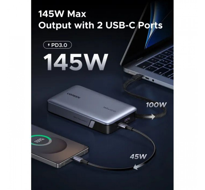 Батарея універсальна Ugreen 20000mAh 145W with Built-in Cable (PB551 55992B)