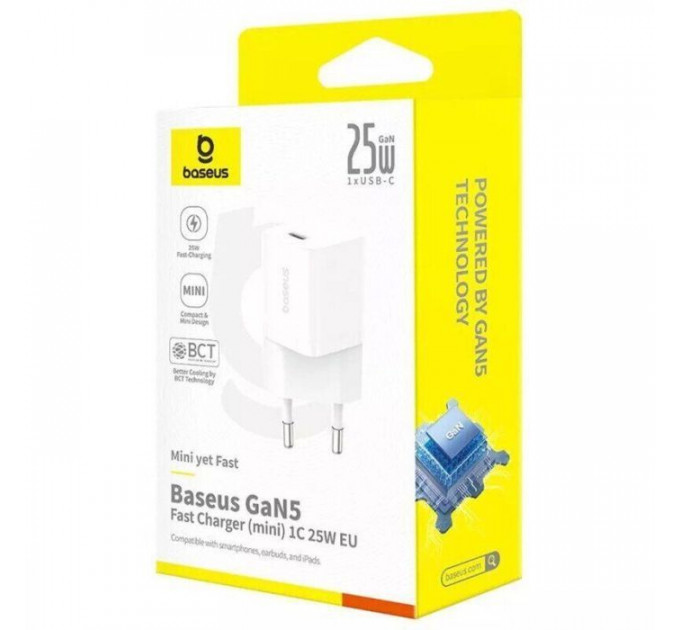 Зарядний пристрій Baseus 1xUSB-C 25W GaN5 white (P10110909213-00)