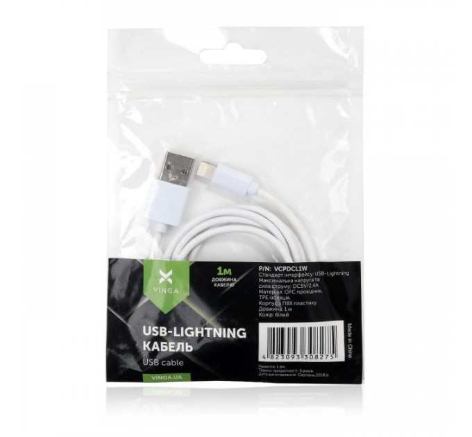Дата кабеля USB 2.0 AM to Lightning PVC 1m white Vinga (VCPDCL1W)