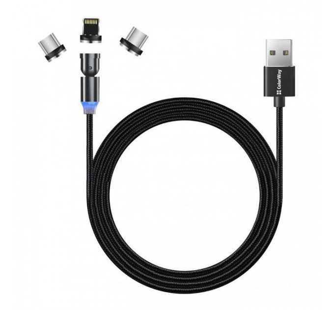 Дата кабель USB 2.0 AM to Lightning + Micro 5P + USB-C 1.0m Magnetic Ro ColorWay (CW-CBUU037-BK)