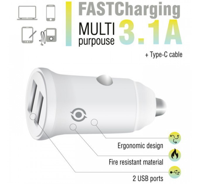 Зарядний пристрій Piko CC-312 (2USB3,1A) + USB-C cable (1283126538803)