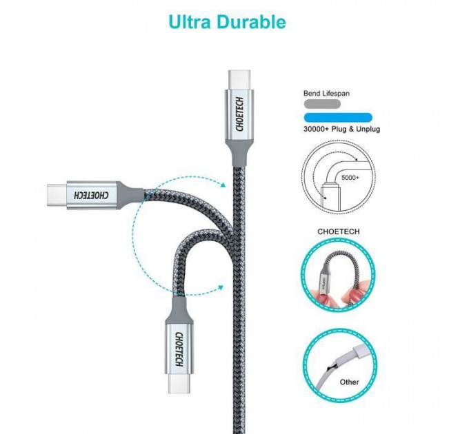 Дата кабеля USB-C to USB-C 1.8m USB 2.0 100W Choetech (XCC-1002-GY)