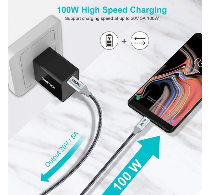 Дата кабеля USB-C to USB-C 1.8m USB 2.0 100W Choetech (XCC-1002-GY)