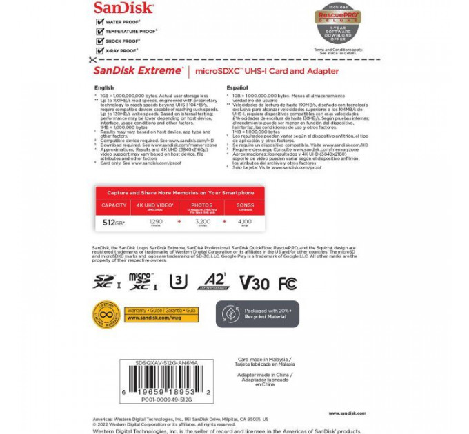 Карта пам/'яті SanDisk 512GB microSD class 10 UHS-I U3 V30 Extreme (SDSQXAV-512G-GN6MA)