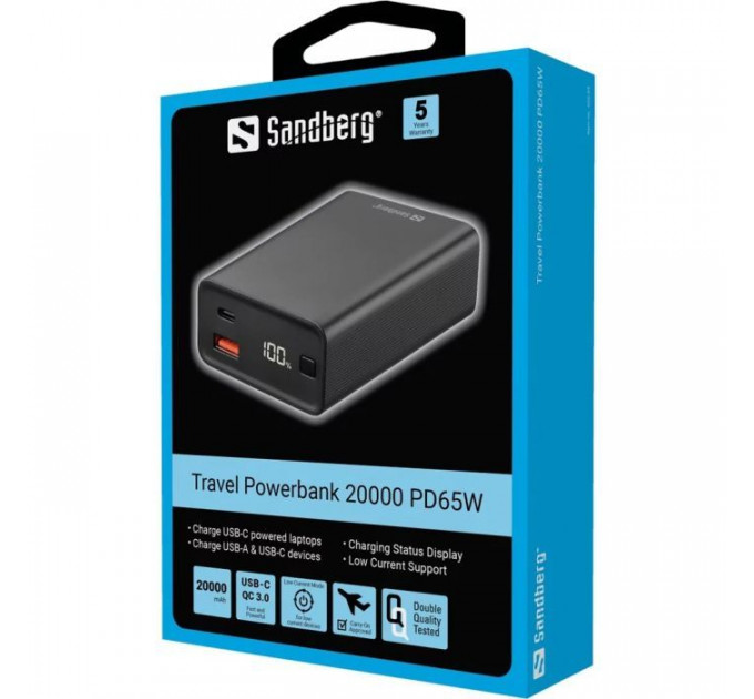 Батарея универсальная Sandberg 20000mAh, PD/65W, QC/3.0, low carrent mode, +cable 100W (420-95)