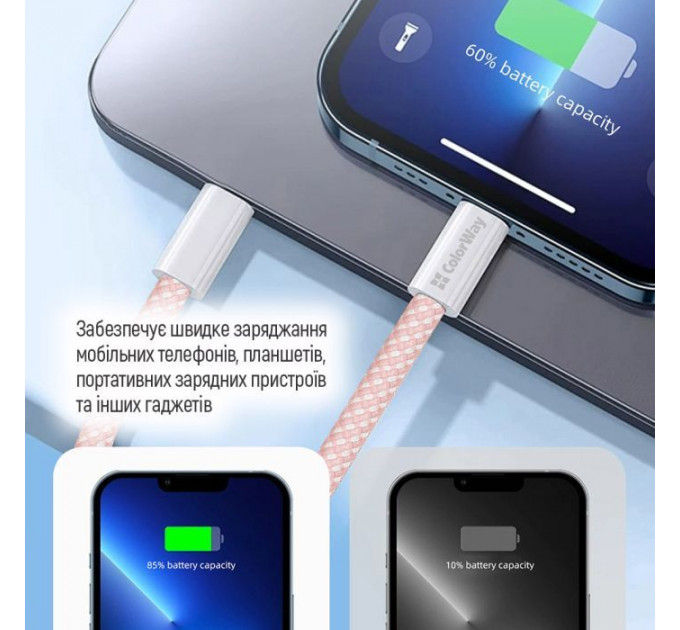 Дата кабеля USB-C to USB-C 1.0m 60W 3.0А pink ColorWay (CW-CBPDCC061-P)