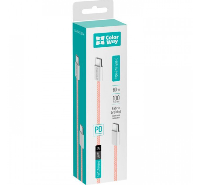 Дата кабеля USB-C to USB-C 1.0m 60W 3.0А pink ColorWay (CW-CBPDCC061-P)