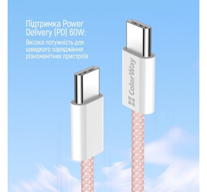 Дата кабеля USB-C to USB-C 1.0m 60W 3.0А pink ColorWay (CW-CBPDCC061-P)