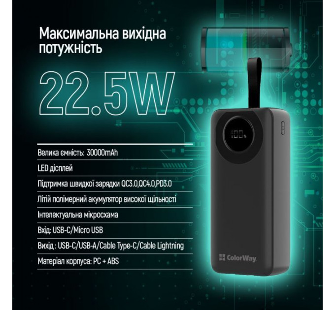 Батарея універсальна ColorWay 30 000 mAh EnergyPlus PD\/18W, QC3.0\/22.5W, Black (CW-PB300LPB4BK-PDD)