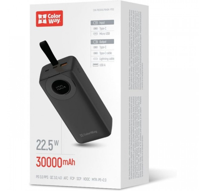 Батарея універсальна ColorWay 30 000 mAh EnergyPlus PD\/18W, QC3.0\/22.5W, Black (CW-PB300LPB4BK-PDD)
