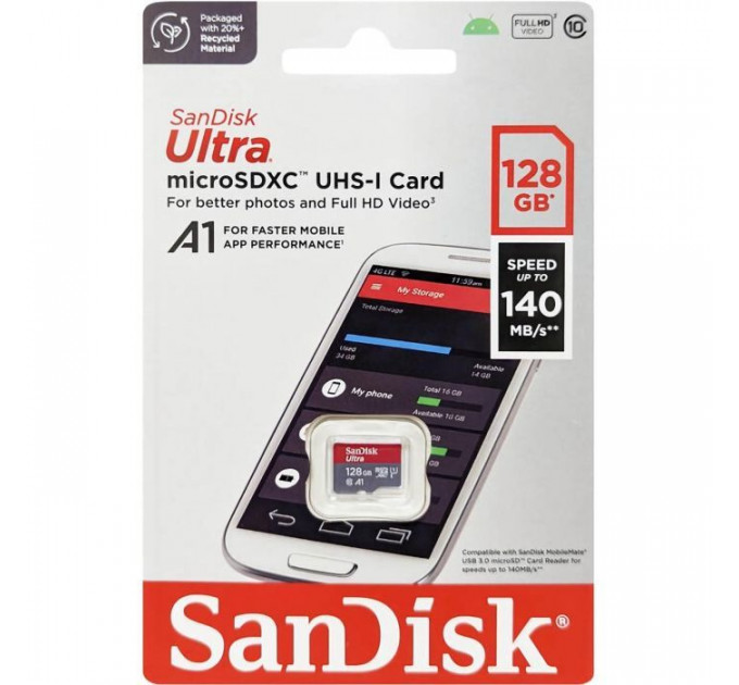 Карта пам/'яті SanDisk 128GB microSD class 10 UHS-I A1 Ultra (SDSQUAB-128G-GN6MN)
