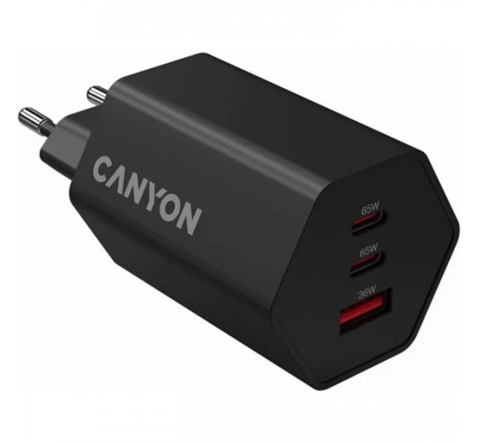 Зарядний пристрій Canyon HEXAGON 65 GaN 65W 2xPD 1xQC EU Black (CND-CHAHEX65B)