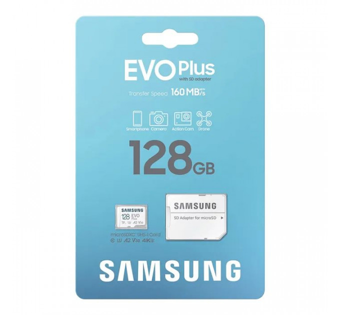 Карта памяти Samsung 128 GB microSDXC Class 10 UHS-I U3 V30 A2 EVO Plus+SD Adapte (MC128SA\/EU)