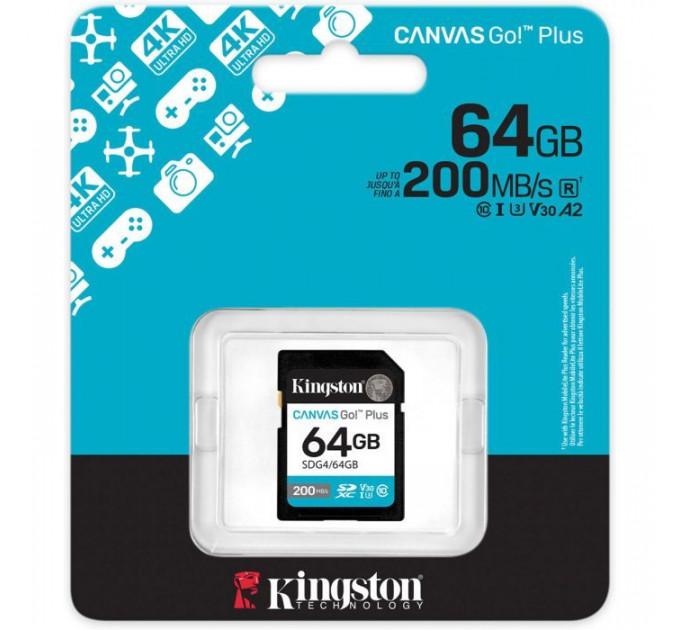 Карта пам/'яті Kingston 64GB SDXC сlass 10 UHS-I U3 V30 Canvas Go Plus G4 (SDG4\/64GB)