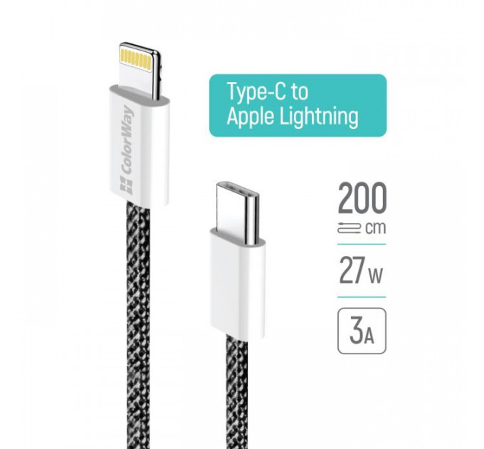 Дата кабель USB-C to Lightning 2.0m 27W PD FC black ColorWay (CW-CBPDCL068-BK)