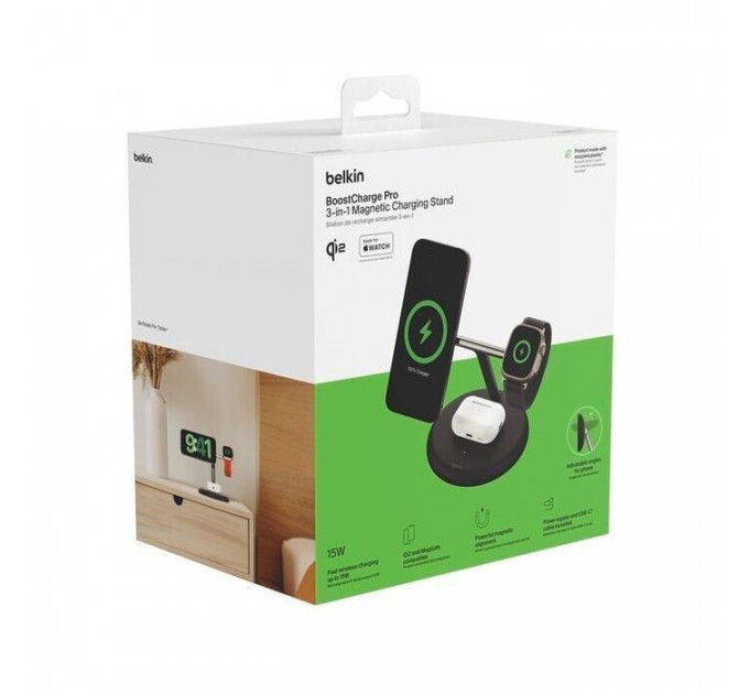 Зарядное устройство для Belkin 3in1 Magnetic Adjustable Pad Qi2 15W Black (WIZ023VFBK)