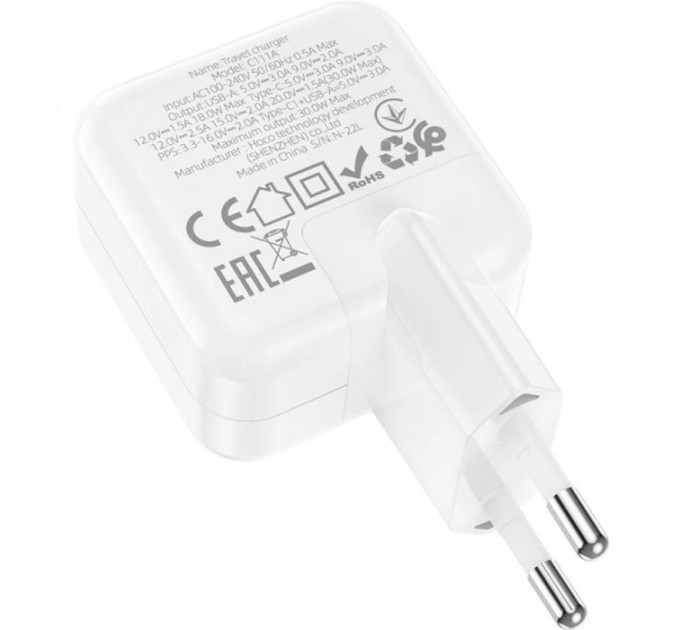 Зарядний пристрій HOCO C111A Lucky 1xUSB-C PD30W + 1xUSB QC3.0 White (6931474790866)