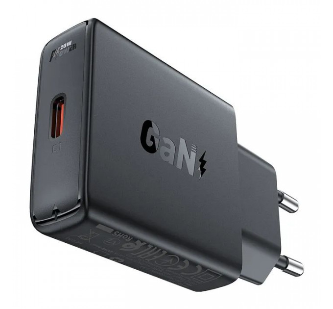 Зарядний пристрій Acefast A65 USB-C PD20W GaN ultra-thin Black (6974316282686)