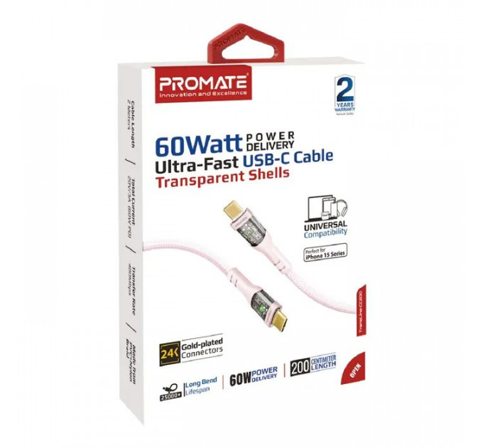 Дата кабель USB-C to USB-C 1.2m 60W PD TransLine-CC pink Promate (transline-cc.pink)