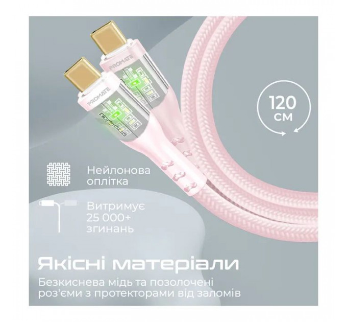 Дата кабель USB-C to USB-C 1.2m 60W PD TransLine-CC pink Promate (transline-cc.pink)