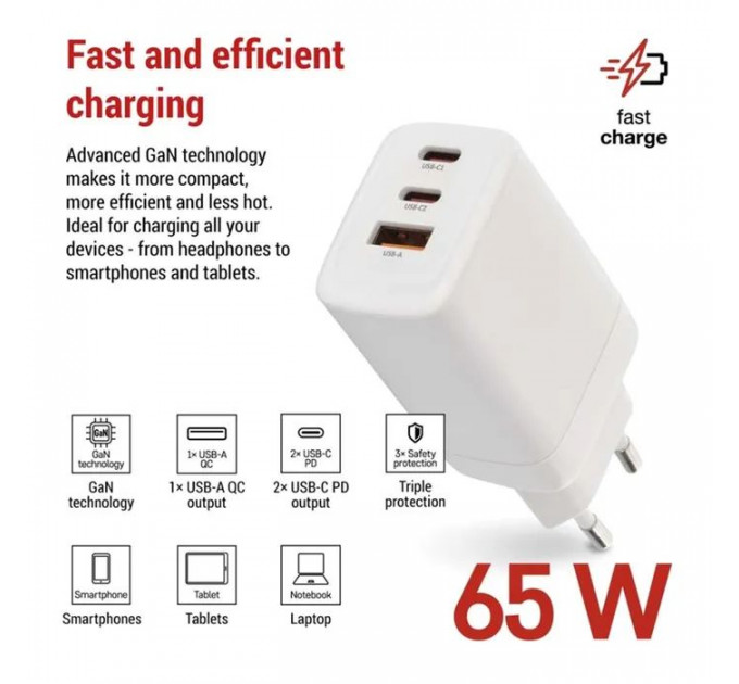 Зарядное устройство EMOS V05G65 1xUSB-A+2xUSB-C PD65W GaN (V05G65)