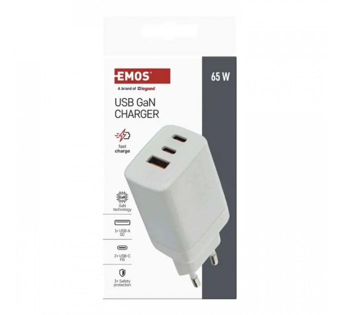 Зарядное устройство EMOS V05G65 1xUSB-A+2xUSB-C PD65W GaN (V05G65)